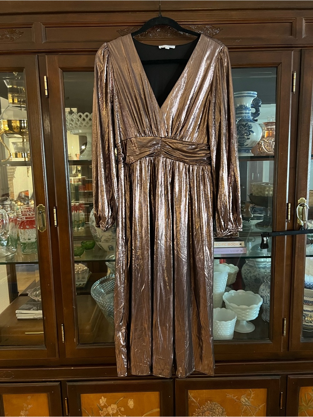 Baltic Born Aisha Shimmer Midi Dress size L in a bronze/rose gold color